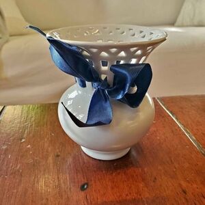 VINTAGE MIKASA White Vase with Blue Ribbon- Bridal Lace